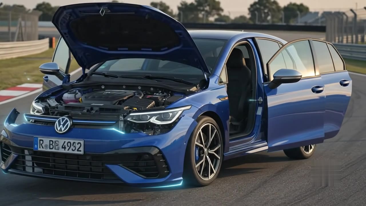 Golf R at dusk, bonnet and doors open