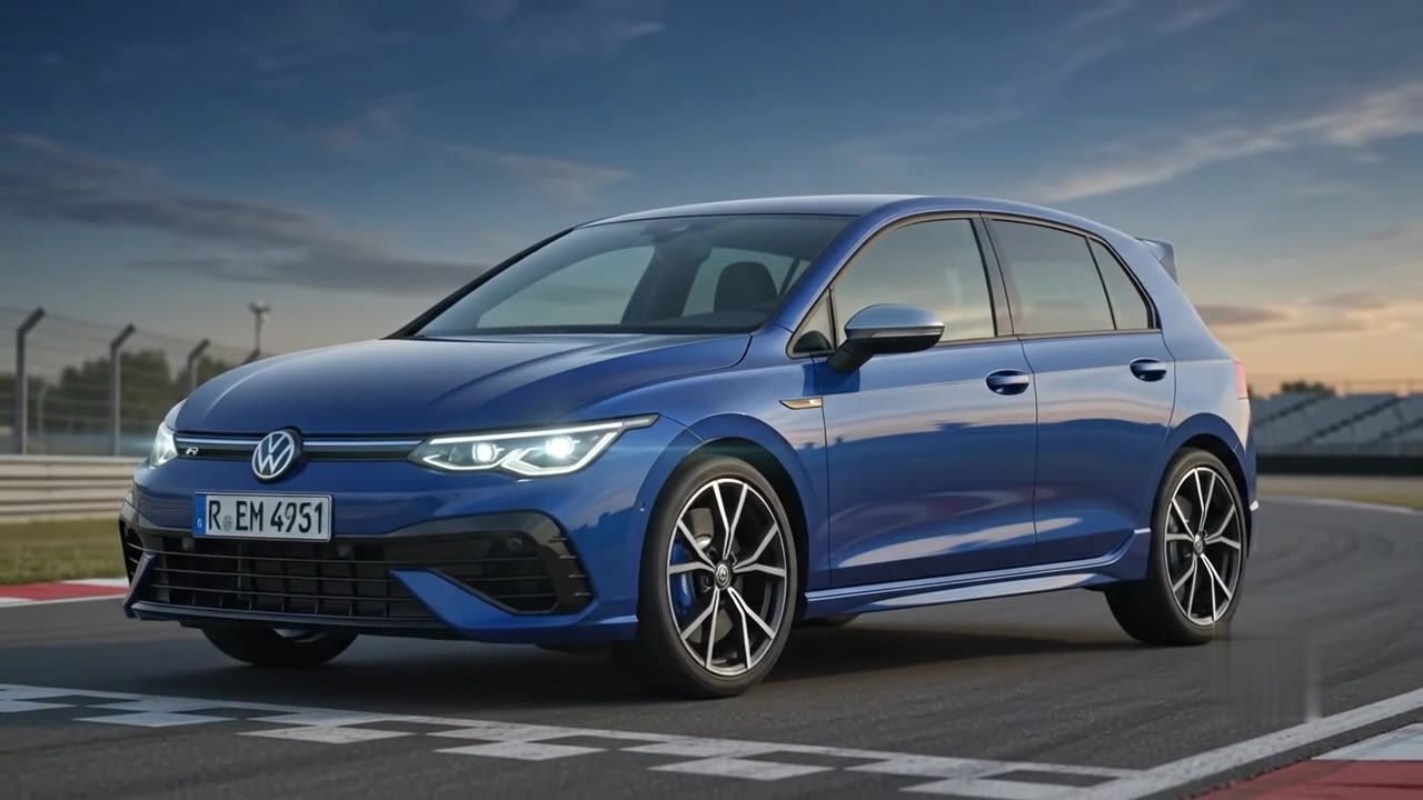 Golf R at dusk, start finish straight