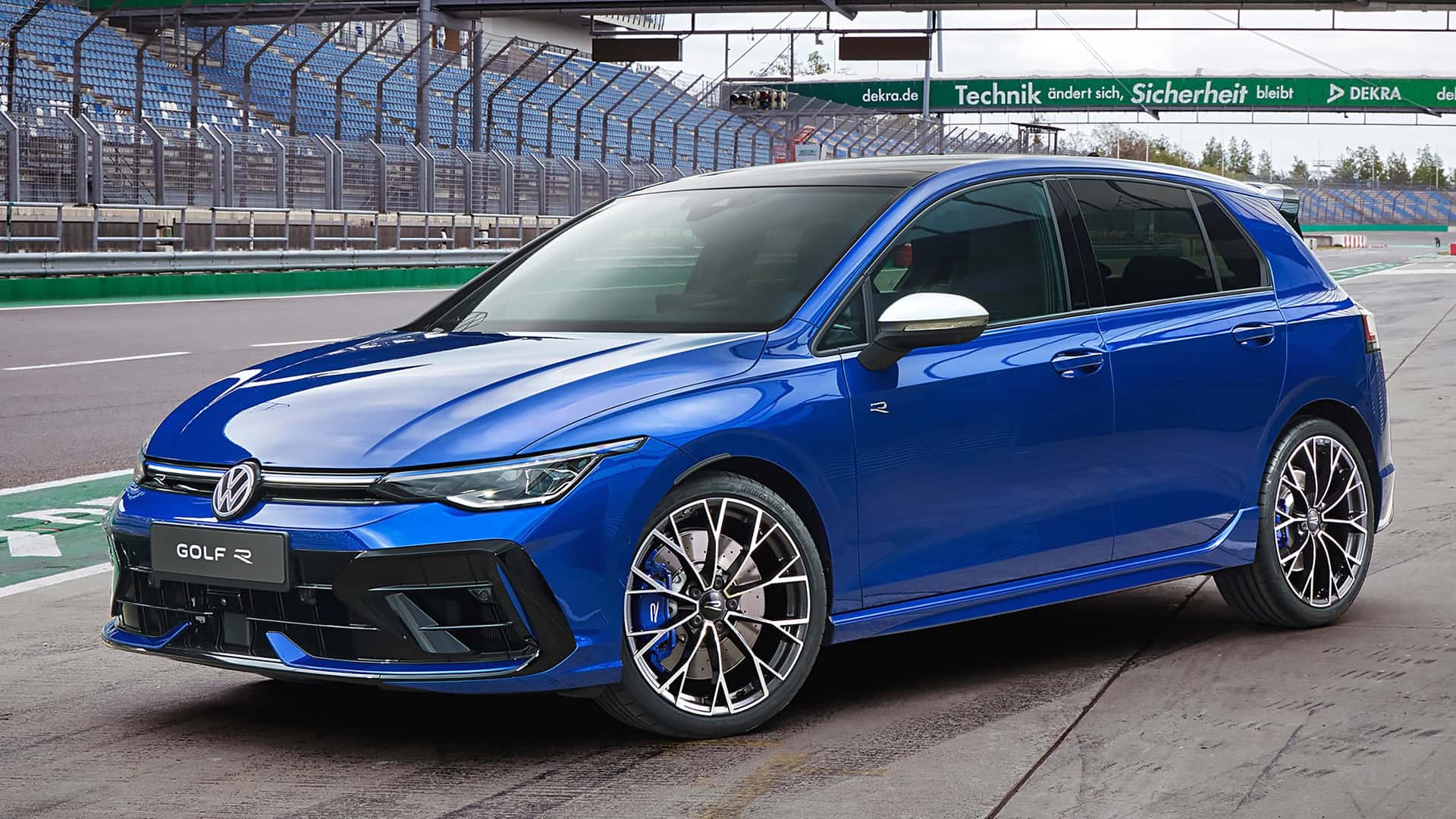 Volkswagen Golf R in Lapiz Blue on a race circuit